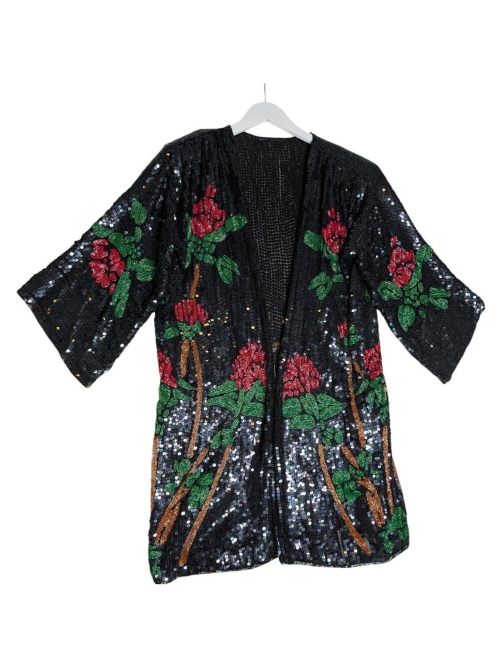Vintage Black Sequin Kimono Floral & Flamingo Beaded Embroidery Open Front One S - Picture 2 of 15